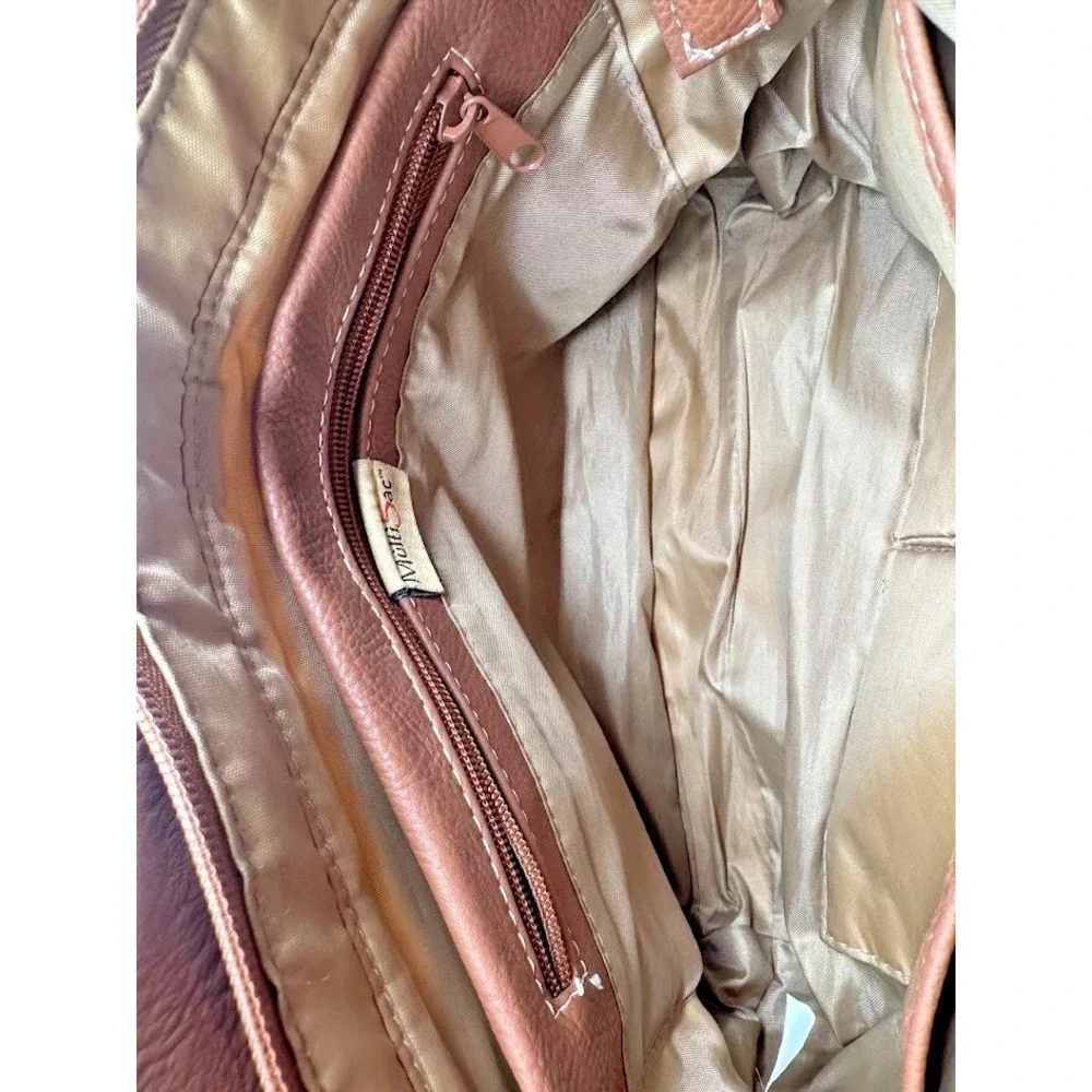 MultiSac Women Shoulder Bag Beige Brown Faux Leather Large Tote Zip Pockets